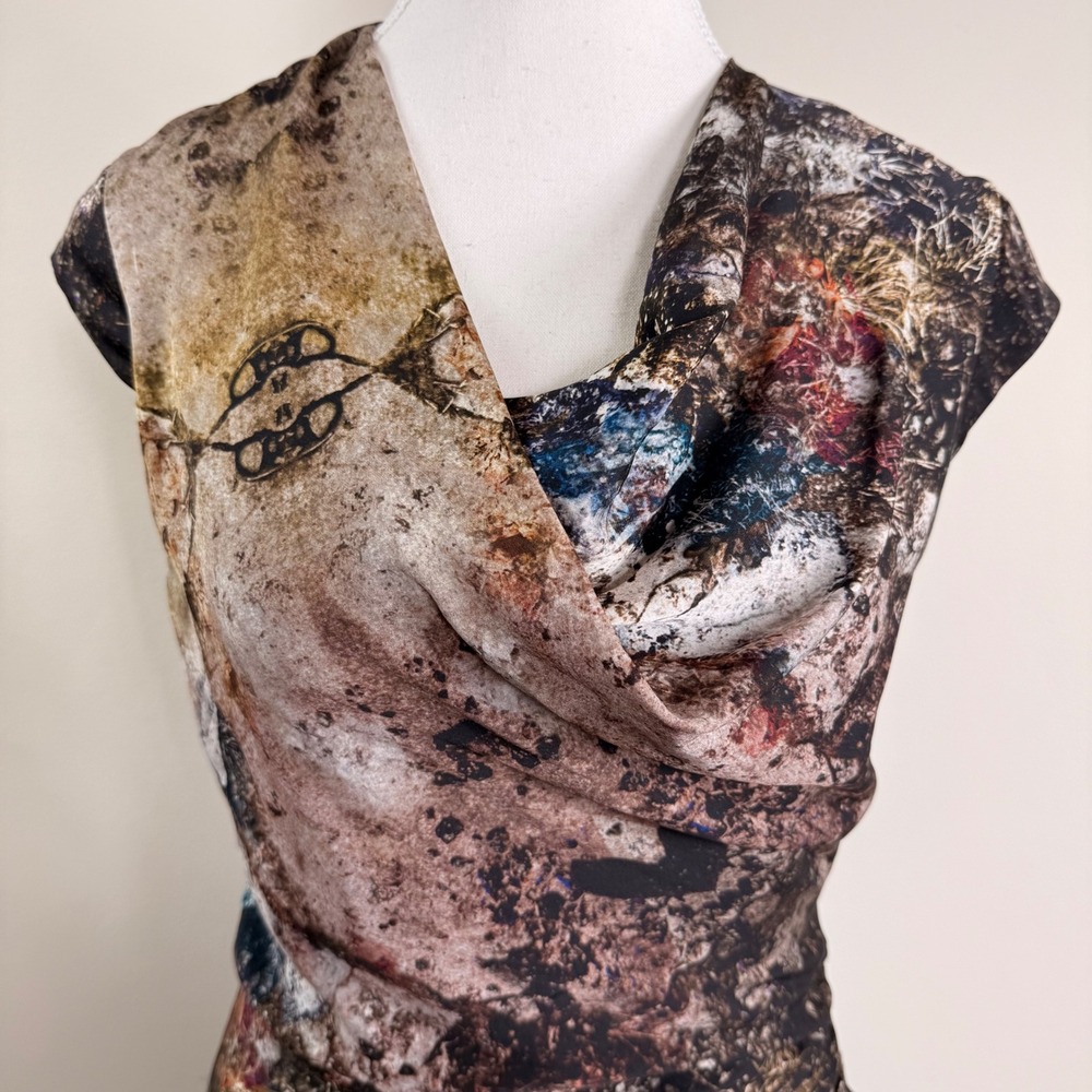 Helmut Lang Abstract Earth Tone Ruched Cowl Neck Sleeveless Sheath Dress Size 2 - Picture 5 of 13